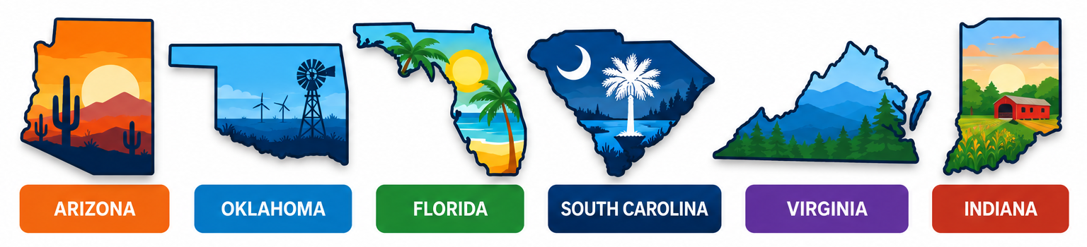 Choose Arizona, Oklahoma, Florida, South Carolina, Virginia, or Indiana